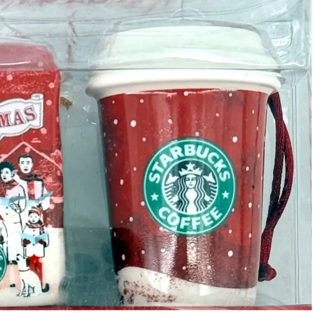 Starbucks 2007 Christmas Blend Coffee Ornament Set Of 2 Red Coffee Cup Boxed